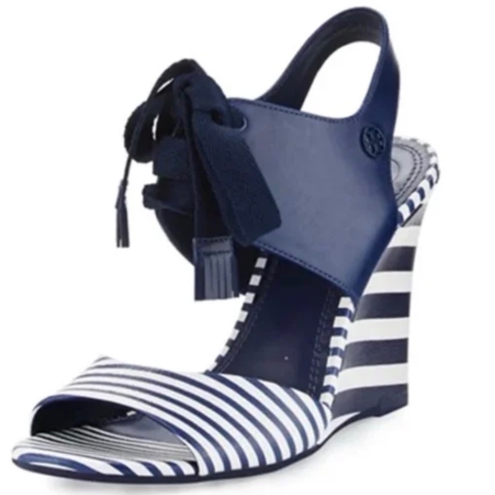 Tory Burch Blue Nautical Maritime Wedge Sandals Size 7